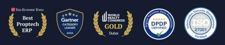 ADDA AccessHub awards and certifications: ET Best Proptech ERP, Gartner Category Leader, World Realty Congress Gold Dubai, DPDP Certified, ISO 27001 Information Security Management Certified
