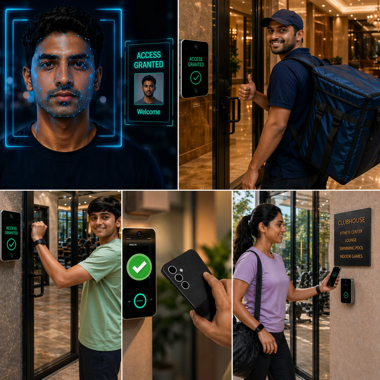 ADDA AccessHub collage showing face recognition, resident entry, visitor access, and clubhouse mobile pass